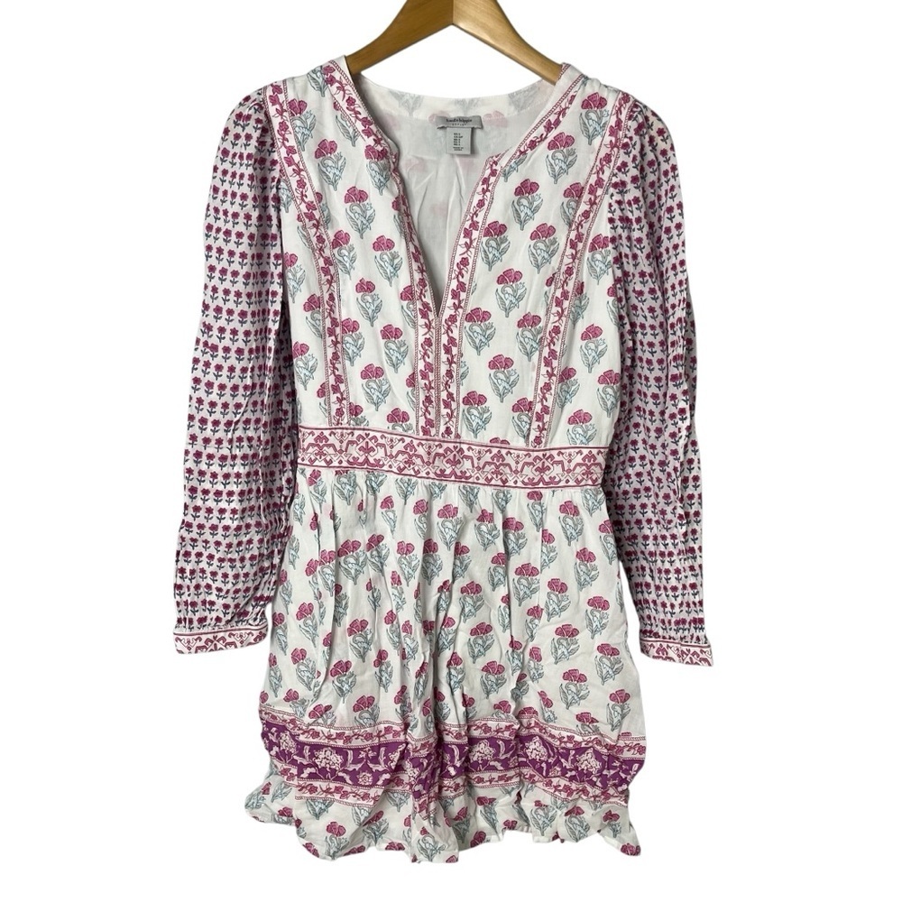 Haute Hippie Floral Long Sleeve Mini Dress Size Small White Pink Boho Cottage